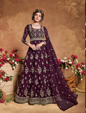 Load image into Gallery viewer, Amazaballs Wine Color Wedding Wear Soft Net Designer Thread Embroidered Work Gown Dupatta For Women
