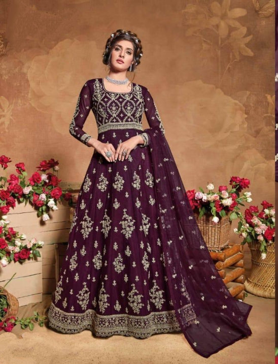 Amazaballs Wine Color Wedding Wear Soft Net Designer Thread Embroidered Work Gown Dupatta For Women