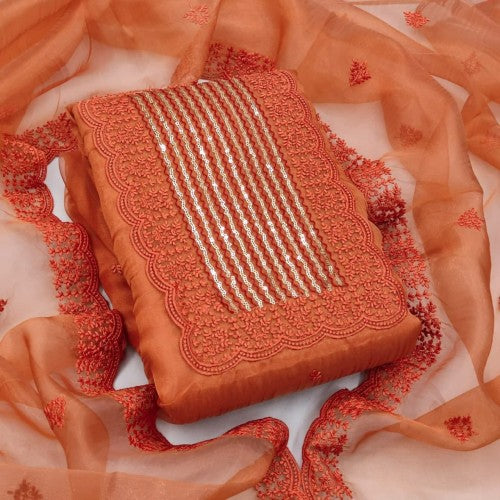 Intricate Orange Color Sequence Work Wedding Wear Organza Salwar Suit