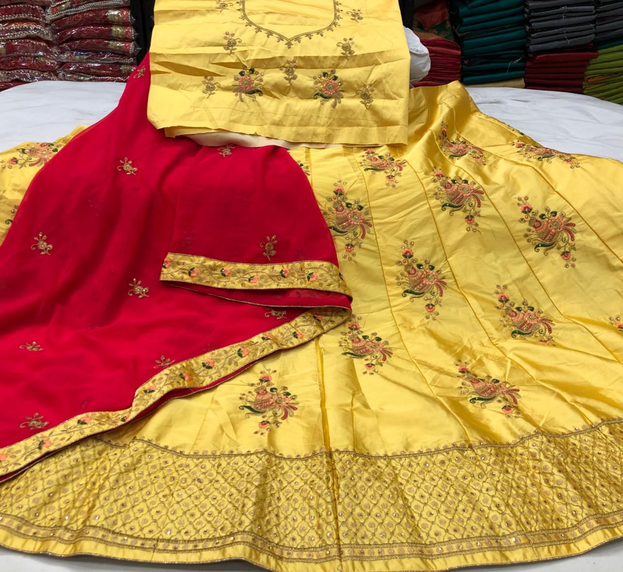 Amazing Yellow Color Satin Thread Work Lehenga Choli For Wedding Wear