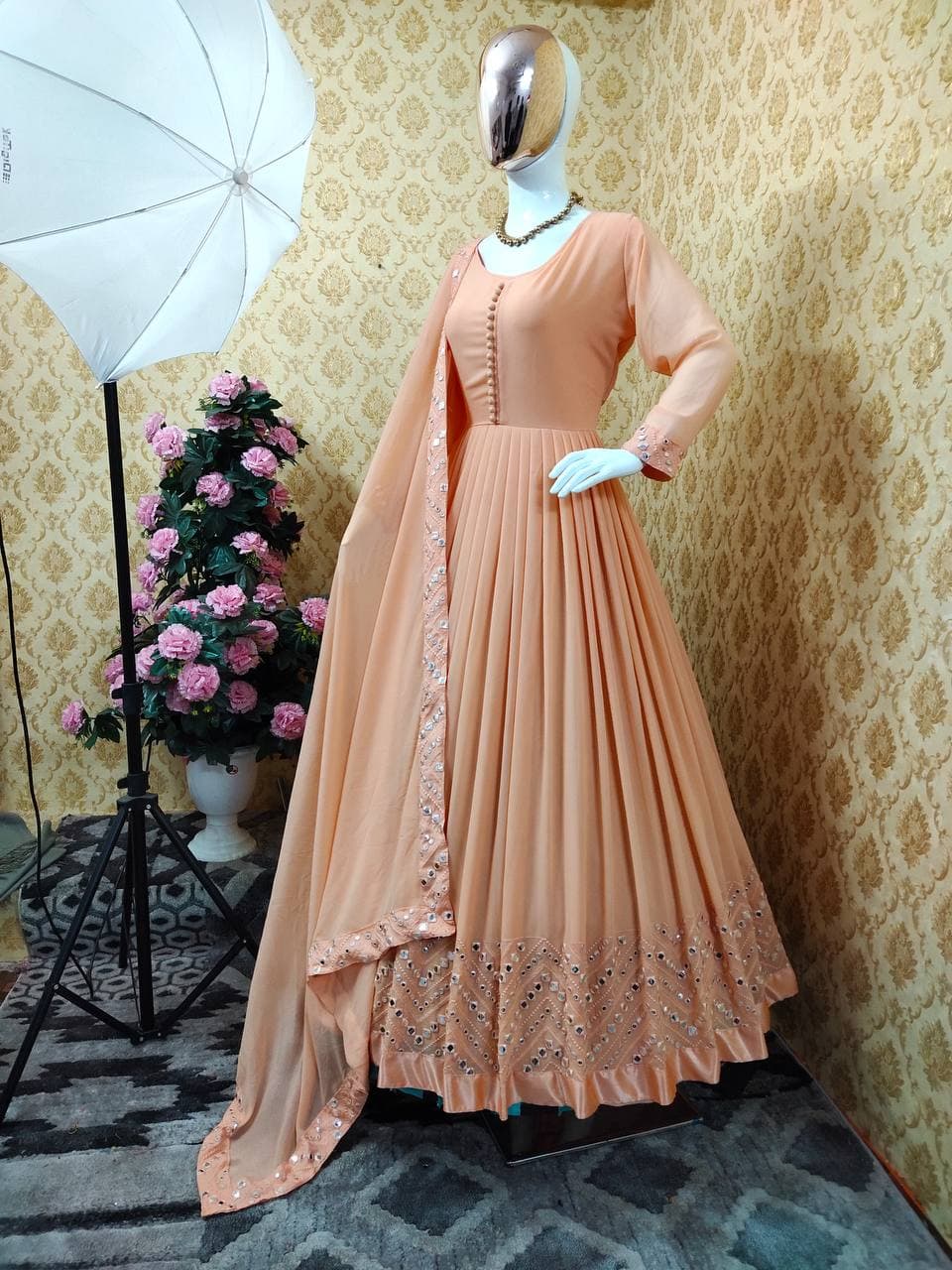 Blooming Peach Color Georgette Embroidered Work Regular Wear Salwar Suit