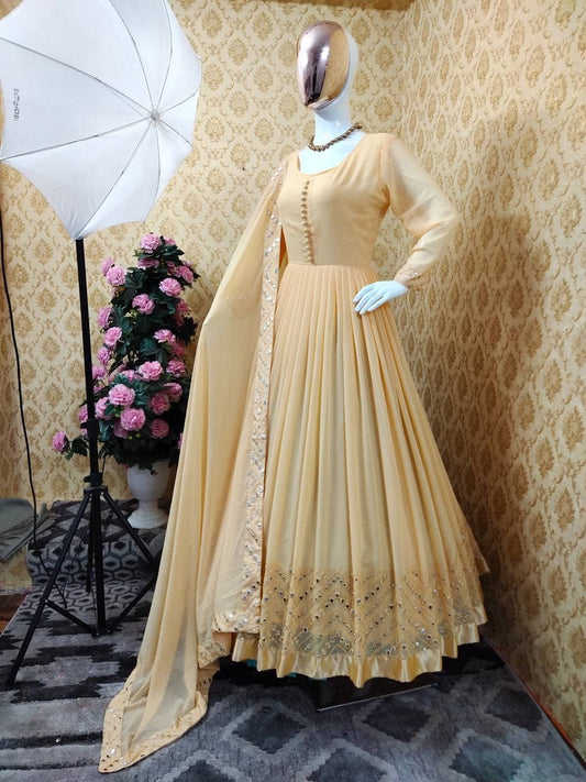 Superlative Cream Color Georgette Embroidered Work Salwar Kameez