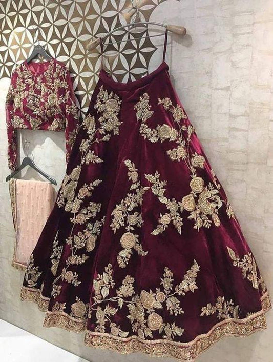 Surpassing Maroon Color Coding Embroidered Work Fancy Velvet Design Lehenga Choli