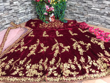 Load image into Gallery viewer, Surpassing Maroon Color Coding Embroidered Work Fancy Velvet Design Lehenga Choli
