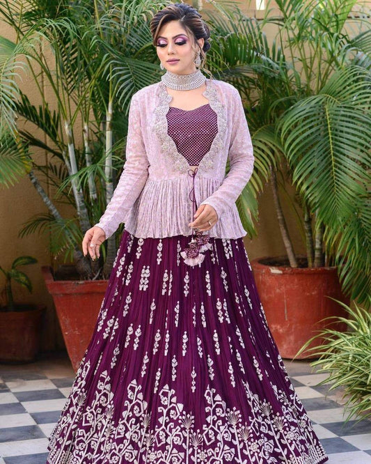 Winsome Wine Color Georgette Embroidered Work Indo Western Lehenga