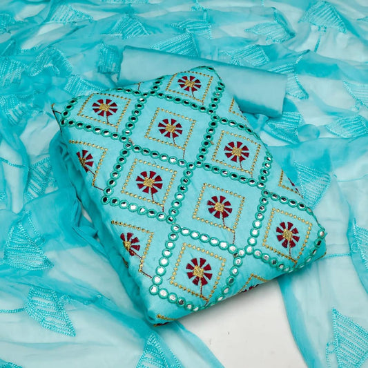 Marvalous Sky Blue Color Casual Wear Cotton Embroidered Work Salwar Suit