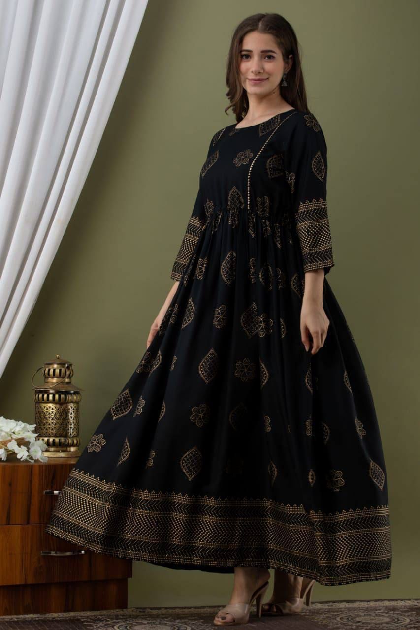 Flamboyant Black Color Ready Made Rayon Thread Printed Gown For Party Wear