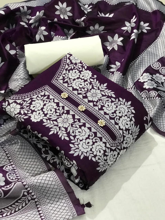 Marvalous Wine Color Banarasi Silk Printed Salwar Suit For Women