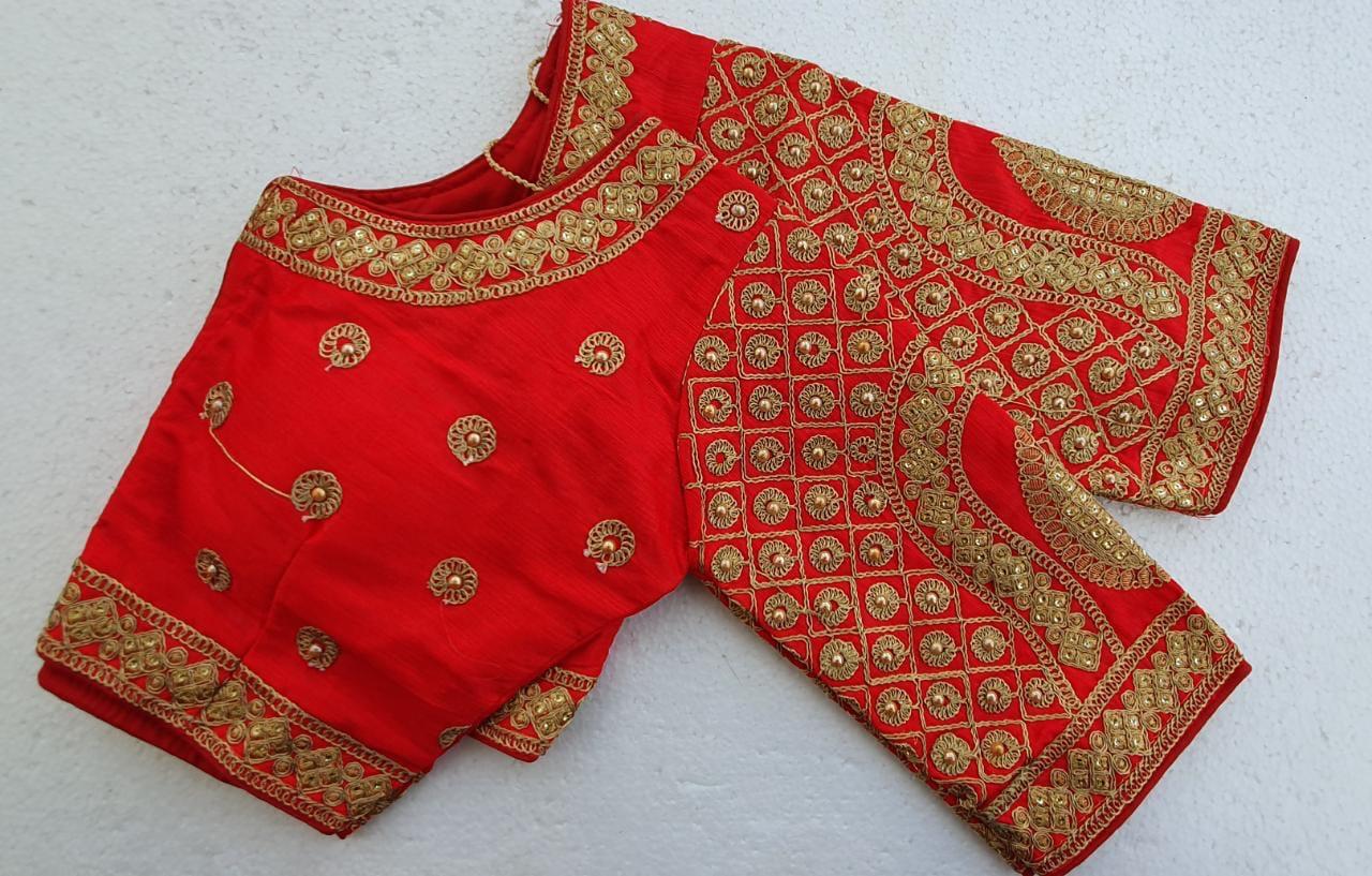 Function Wear Red Color Stylish Zari Thread Work Silk Fentam Design Ready Made Blouse