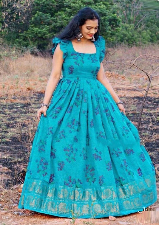 Stylish Sky Blue Color Kotta Silk Design Digital Printed Plazo Kurti For Women