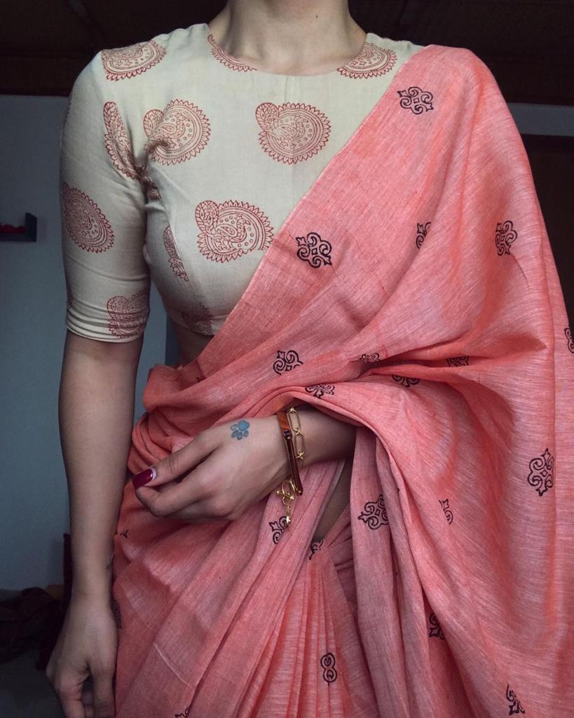 Amazing Peach Color Designer Linen Digital Printed Party Wear Saree