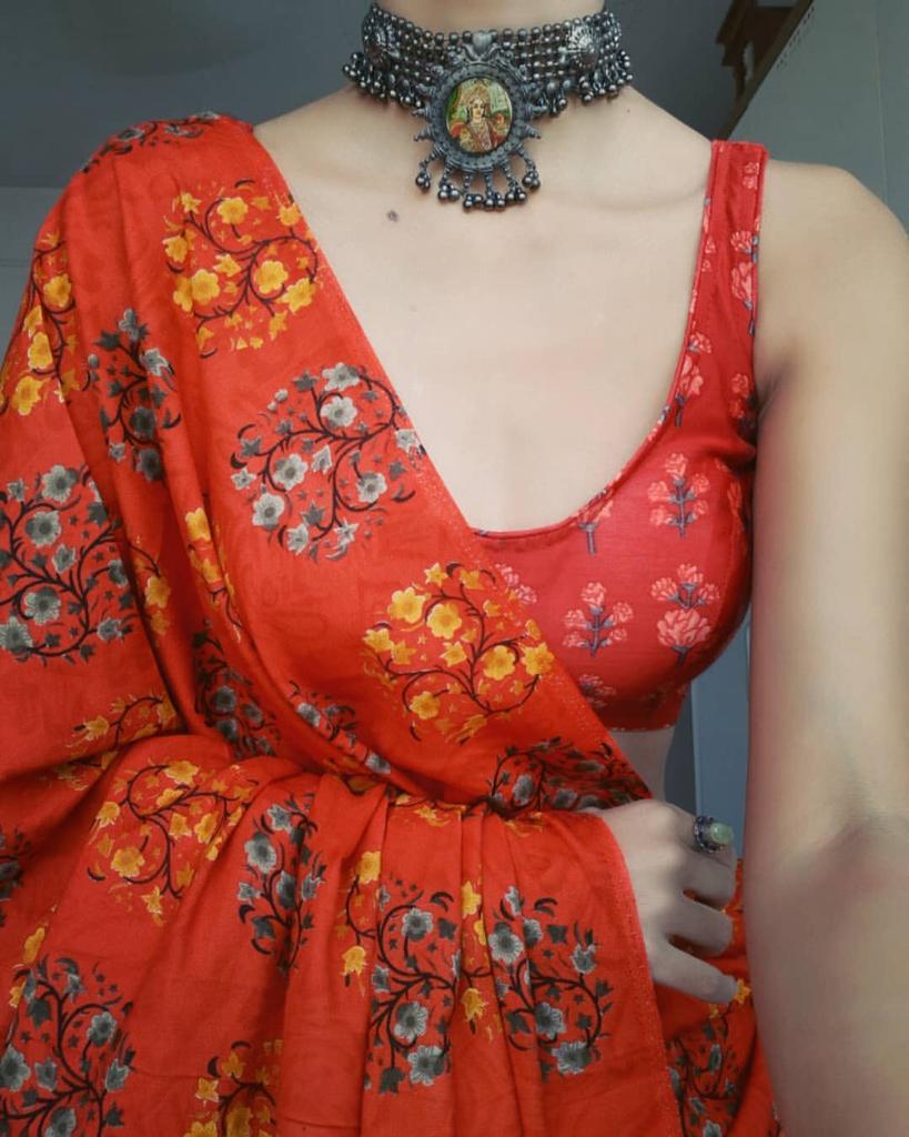 Winsome Orange Color Linen Design Digital Printed Indian Wear Saree Blouse