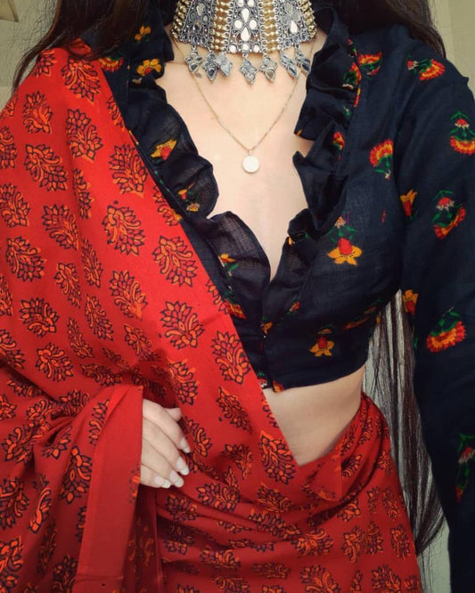 Captivation Red Color Running Wear Linen Digital Printed Saree Blouse For Ladies