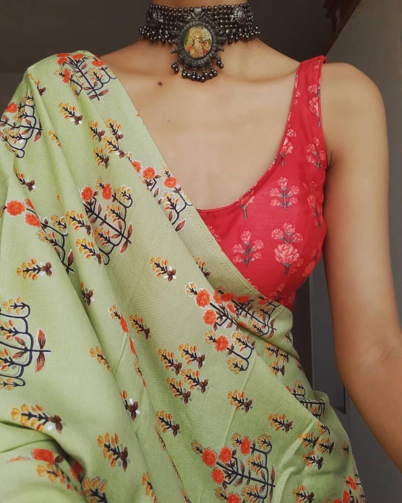 Glourious Green Color Fancy Linen Digital Printed Saree Blouse For Women