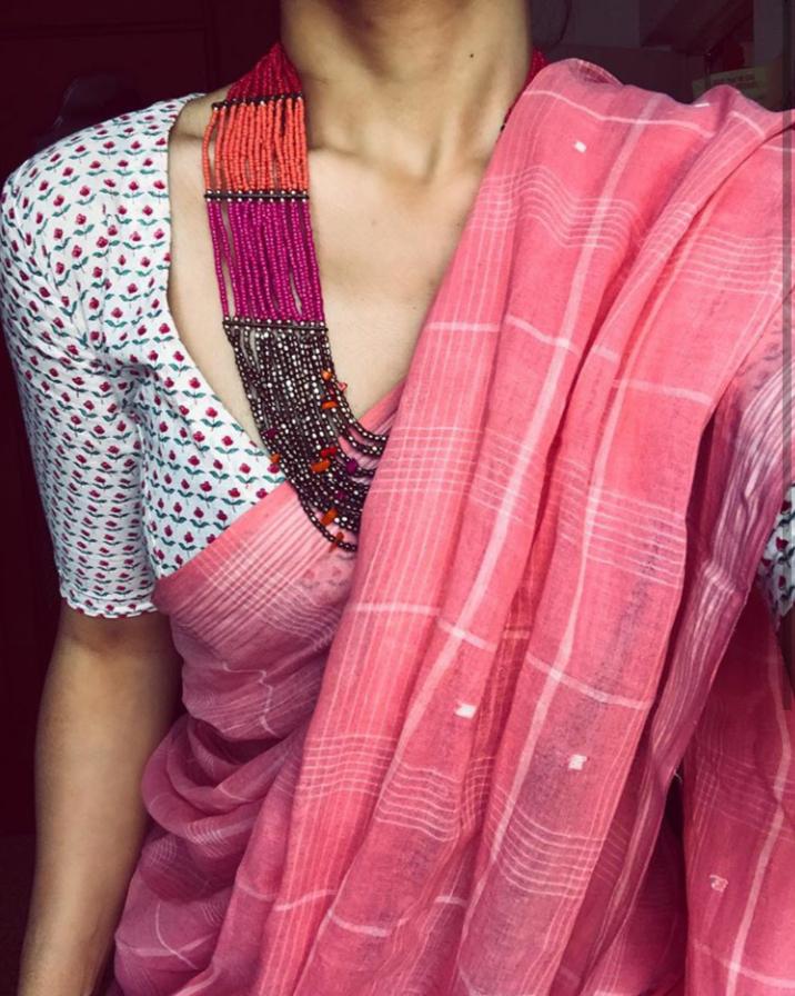 Remarkable Pink Color Linen Design Digital Printed Saree Blouse