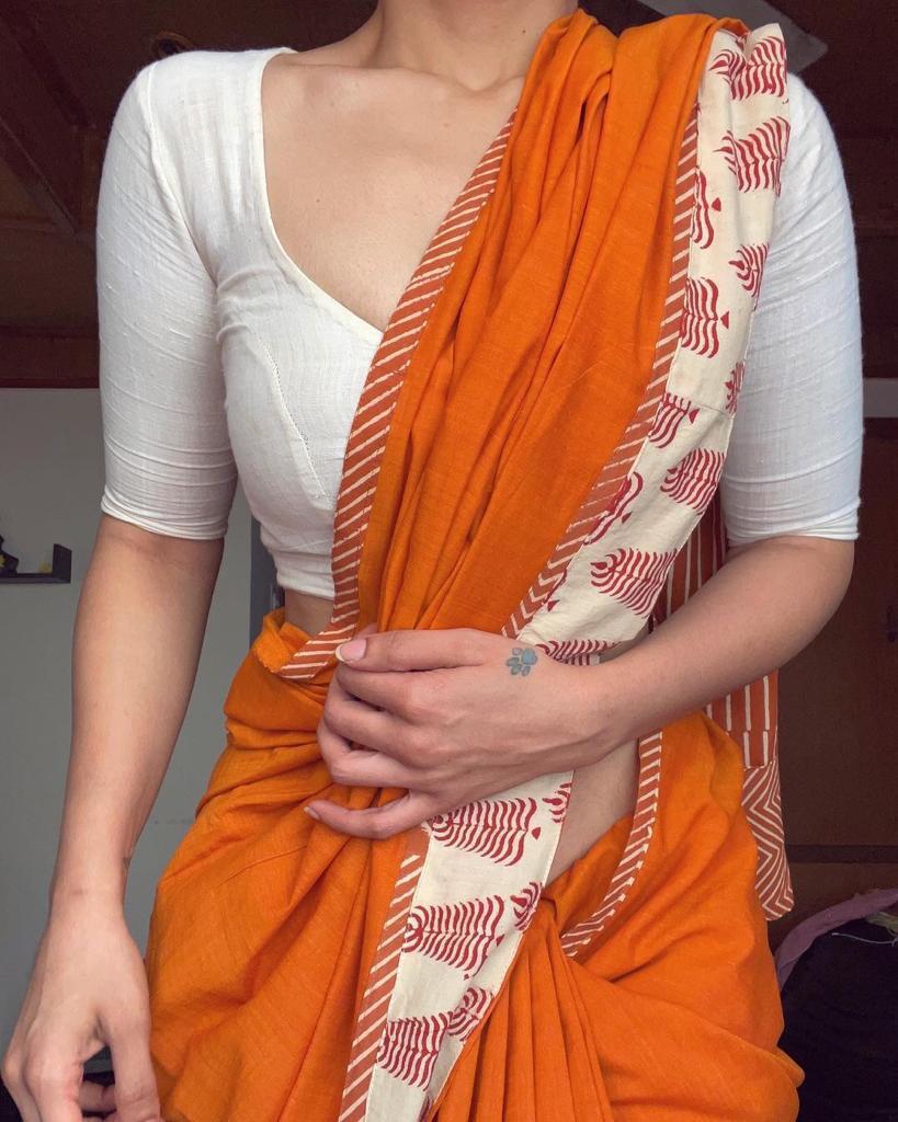 Thrilling Mustard Color Digital Printed Linen Saree Blouse For Running Wear