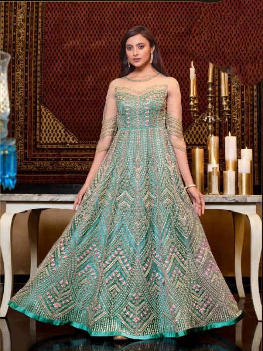 Remarkable Firozi Color Ethic Wear Soft Net Designer Function Wear Stone Embroidered Work Dupatta Gown