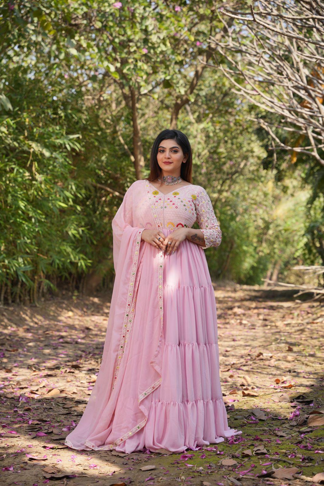 Groovy Pink Color Embroidered Designer Georgette Sequence Work Gown Dupatta