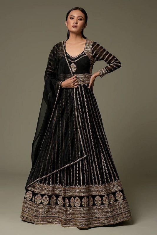 Graceful Black Color Georgette Sequence Work Gown Dupatta For Party Wear