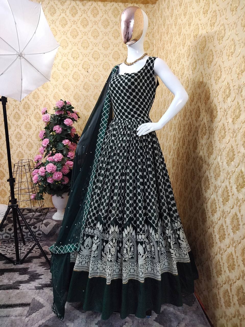 Refreshing Rama Green Color Designer Georgette Embroidered Work Salwar Kameez