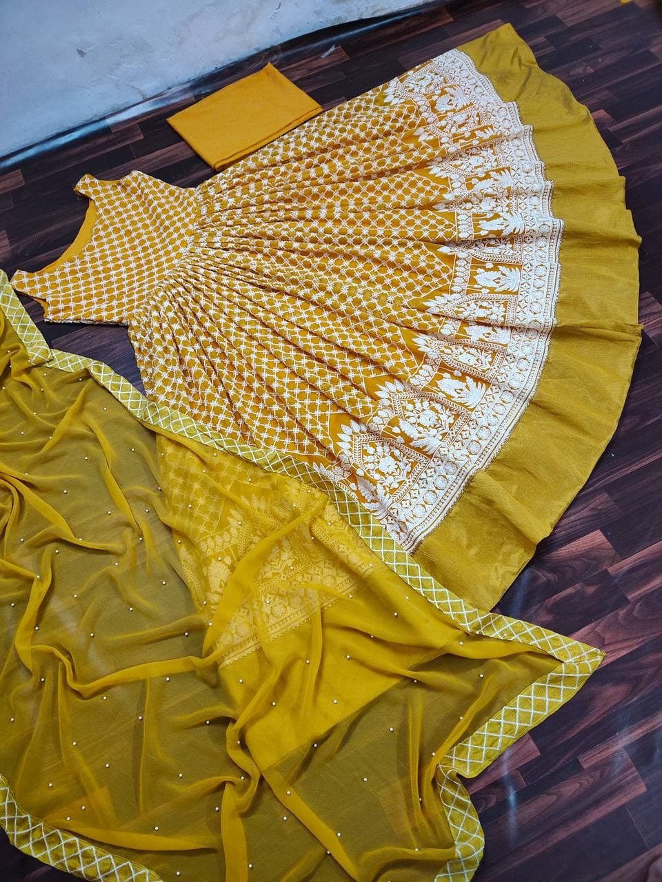 Enhancing Mustard Color Georgette Embroidered Work Salwar Suit For Ladies