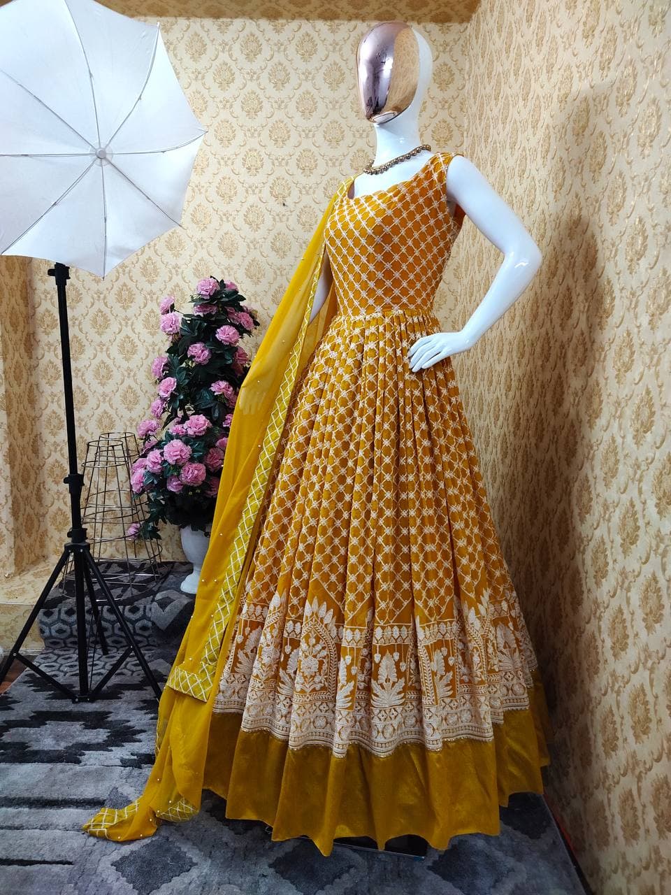 Enhancing Mustard Color Georgette Embroidered Work Salwar Suit For Ladies