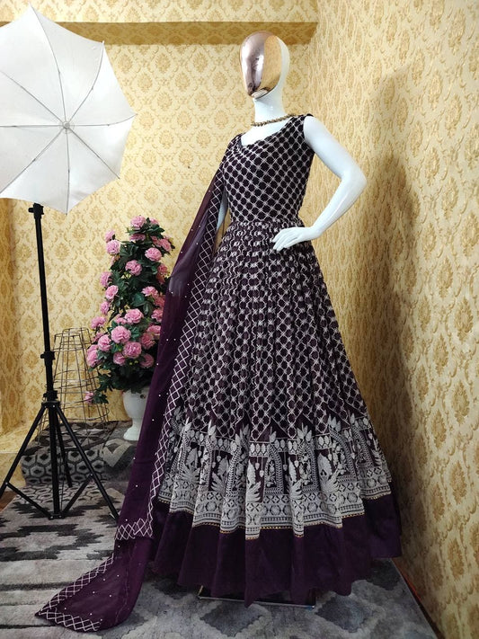 Winning Wine Color Fancy Embroidered Work Georgette Salwar Suit For Function Wear