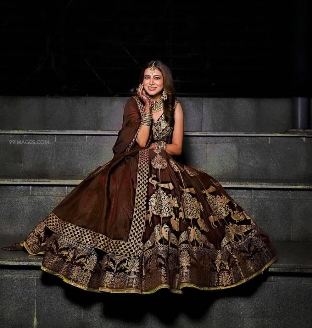 Stupendous Brown Color Satin Gotta Digital Printed Function Wear Lehenga Choli