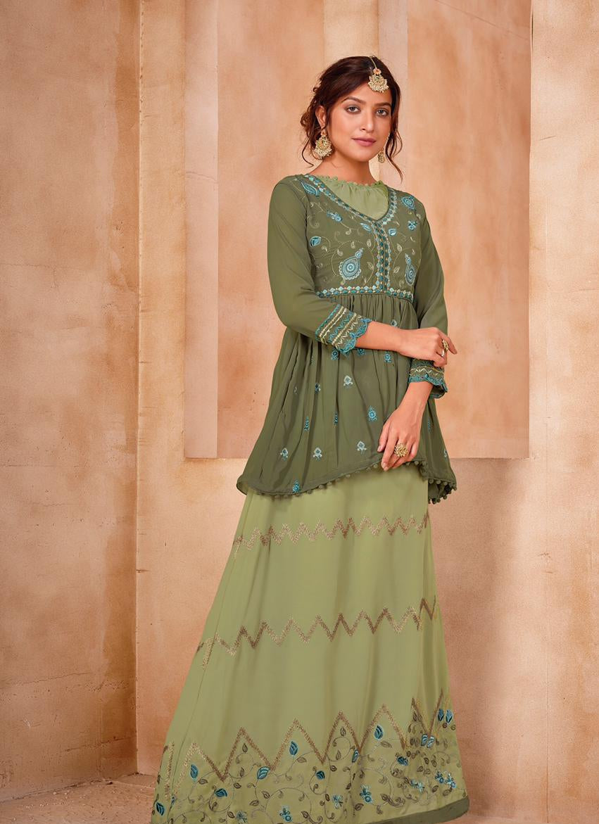 Sensational Green Color Georgette Embroidered Design Work Indo Western For Party Wear