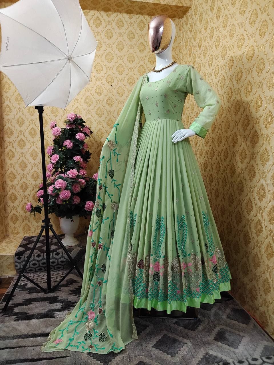 Marvalous Green Color Function Wear Georgette Diamond Work Salwar Suit