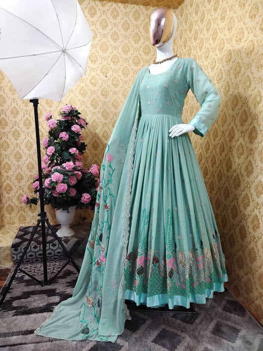 Prodigious Blue Color Georgette Occasion Wear Embroidered Work Salwar Suit