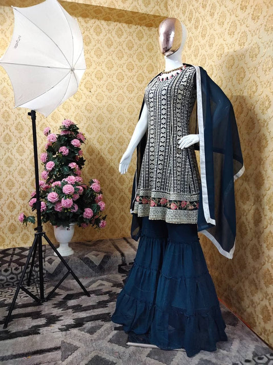 Adorable Rama Blue Color Georgette Embroidered Work Plazo Salwar Suit