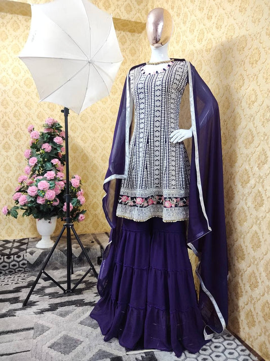 Prominent Violet Color Georgette Embroidered Work Salwar Suit For Women