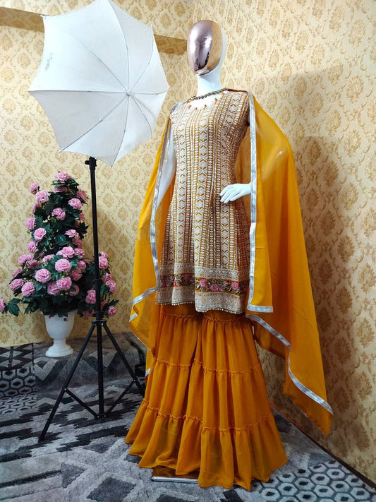 Mind-blowing Mustard Color Embroidered Work Georgette Sharara Salwar Suit