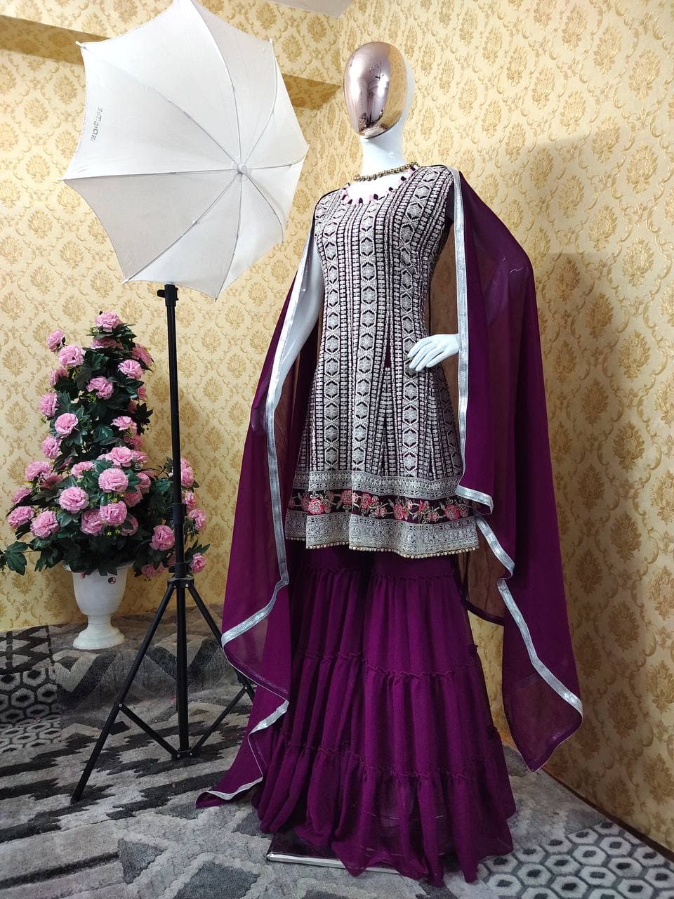 Function Wear Wine Color Georgette Embroidered Work Salwar Suit For Ladies
