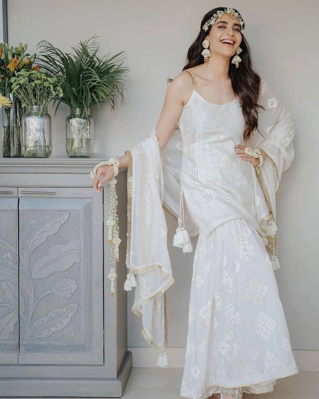 Flattering Off White Color Festive Wear Georgette Embroidered Work Sharara Suit