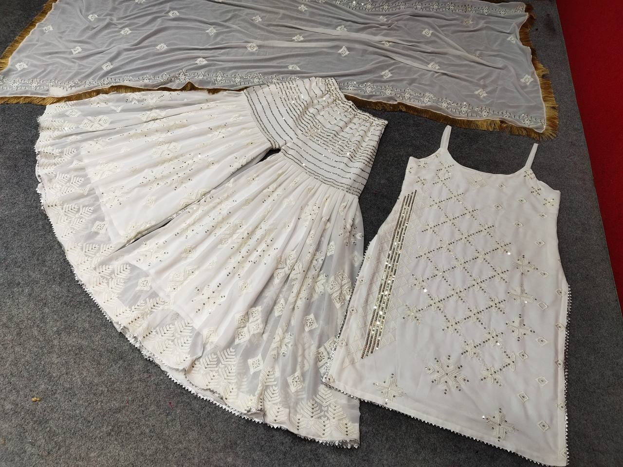 Flattering Off White Color Festive Wear Georgette Embroidered Work Sharara Suit