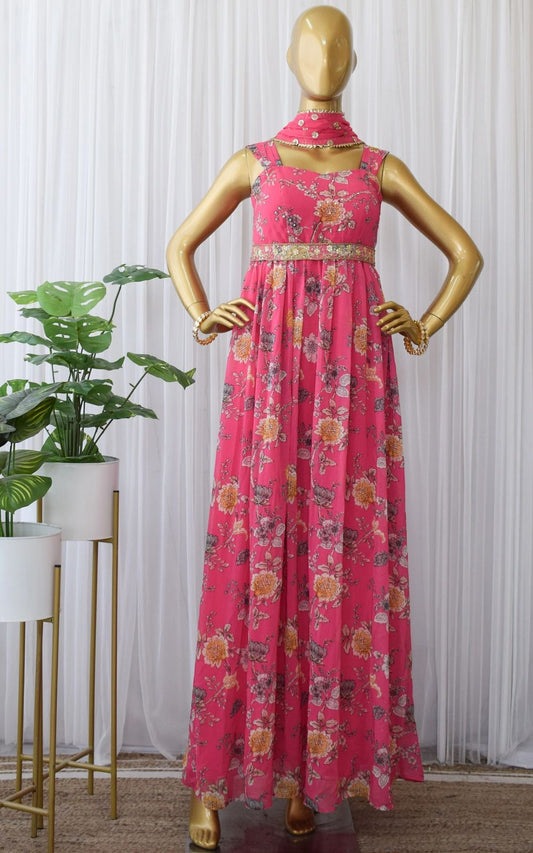 Wedding Wear Pink Color Georgette Sequence Work Designer Gown Dupatta