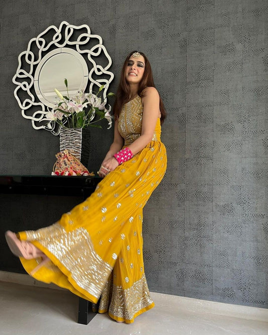 Glamorous Yellow Color Function Wear Georgette Sequence Work Jump Suit