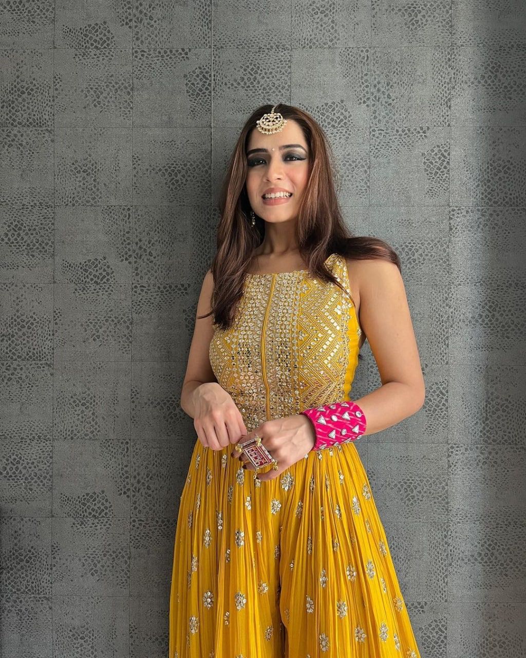 Glamorous Yellow Color Function Wear Georgette Sequence Work Jump Suit