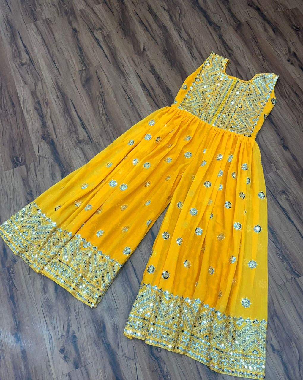 Glamorous Yellow Color Function Wear Georgette Sequence Work Jump Suit