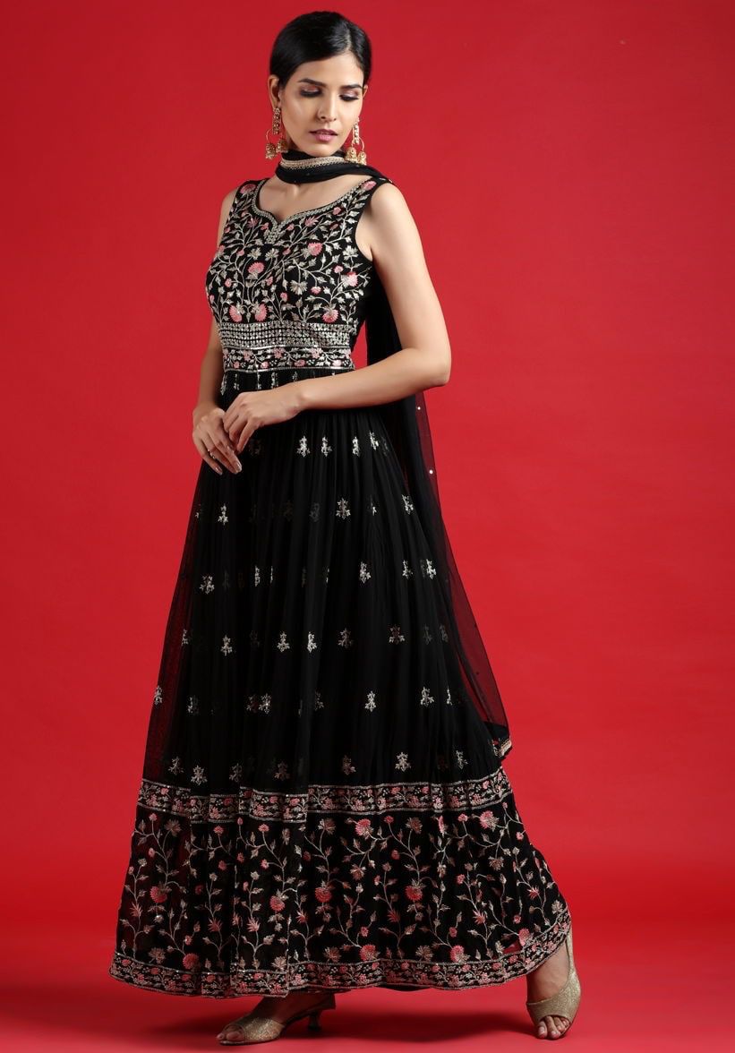 Alluring Black Color Georgette Thread Work Party Wear Jump Suit