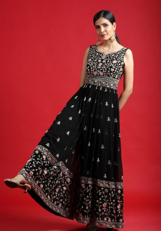 Alluring Black Color Georgette Thread Work Party Wear Jump Suit