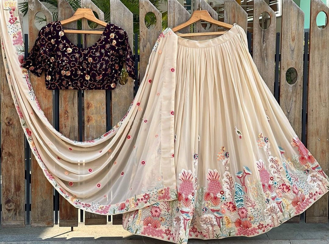 Astonishing Cream Color Georgette Multi Embroidered Work Wedding Wear Lehenga Choli
