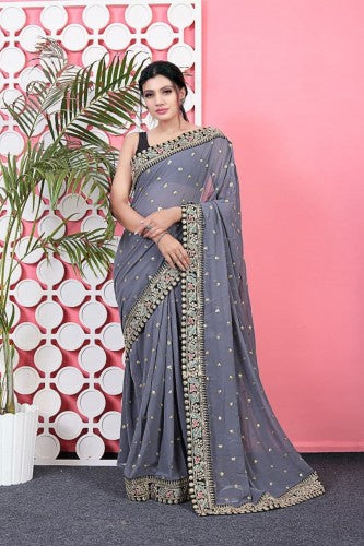 Outstanding Grey Color Multi Sequence Work Wedding Wear Saree Blouse