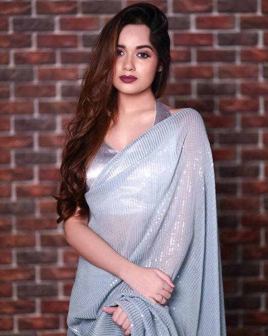 Sizzling Grey Color Wedding Wear Georgette Sequence Design Work Saree Blouse