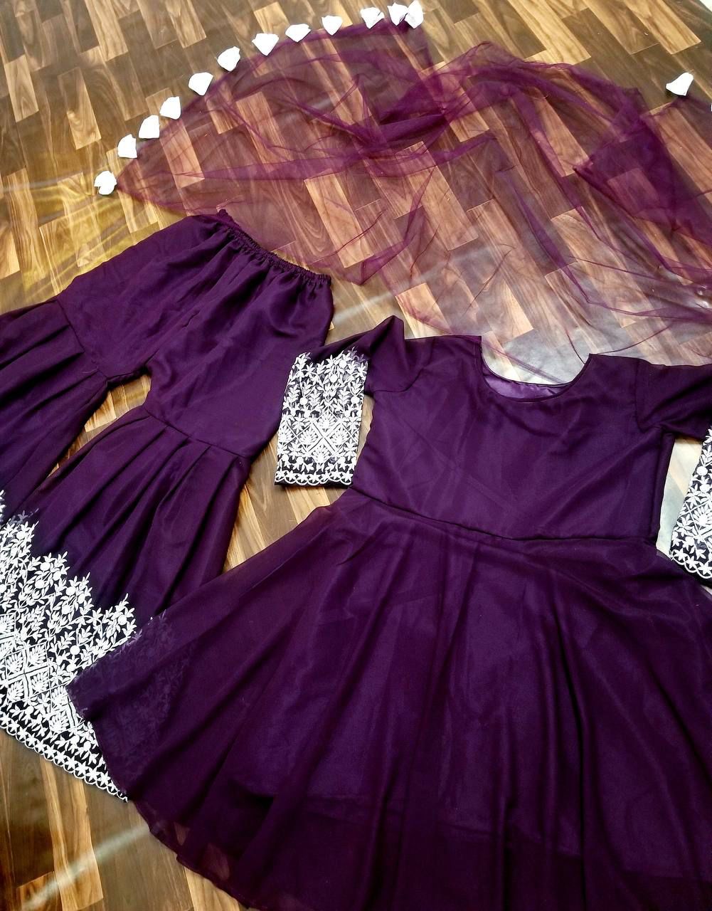 Enamroing Violet Color Georgette Embroidered Work Sharara Salwar Suit Design