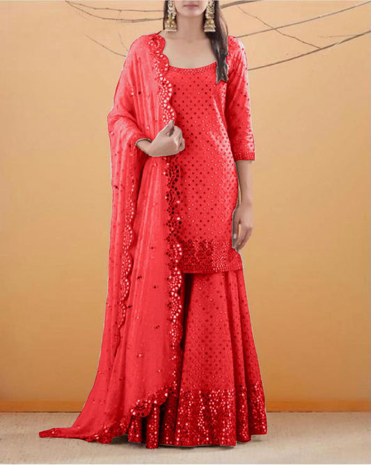 Desirable Red Color Georgette Embroidered Work Sharara Suit For Ladies