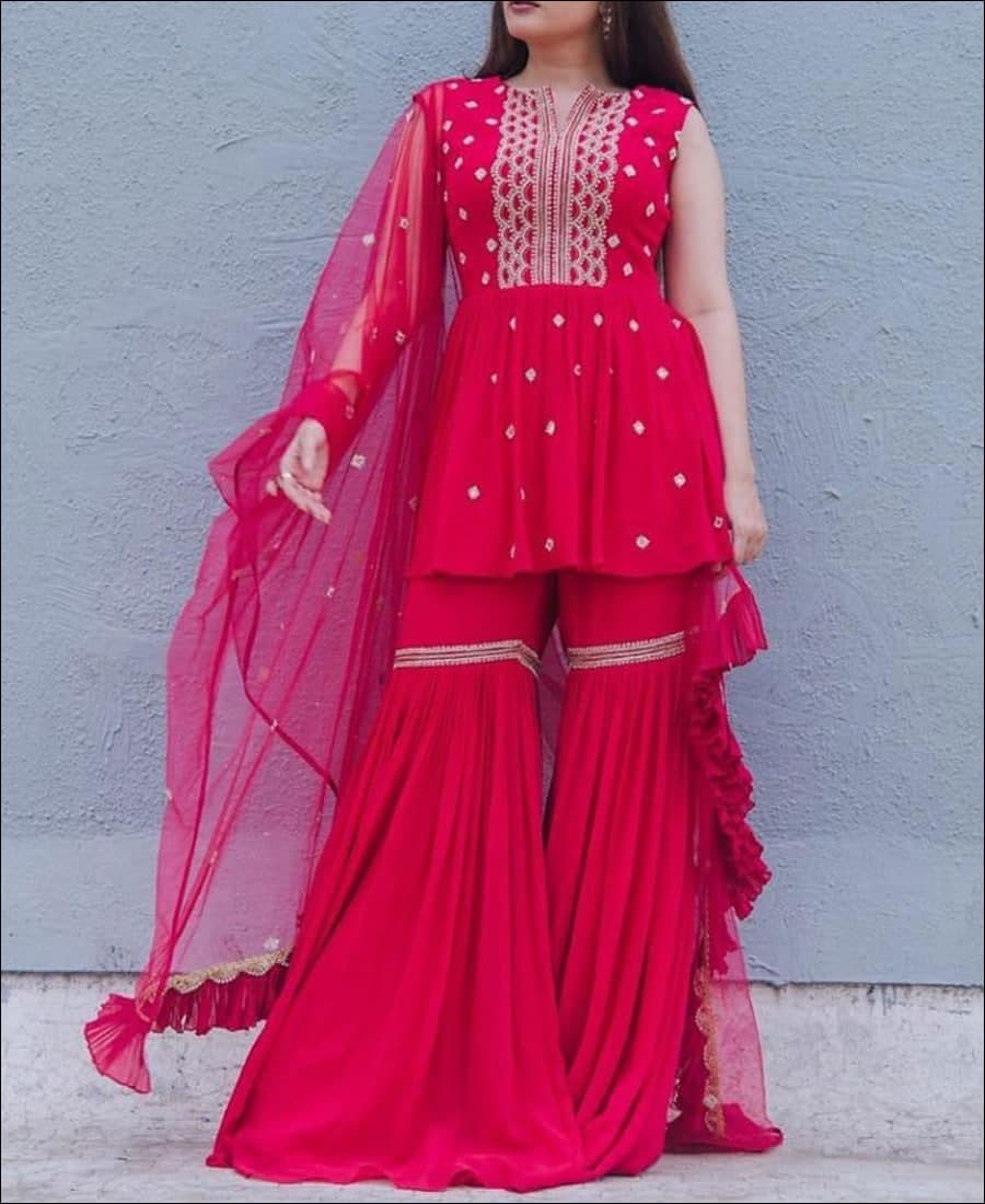 Shattering Rani Pink Color Georgette Sequence Work Sharara Salwar Suit Design