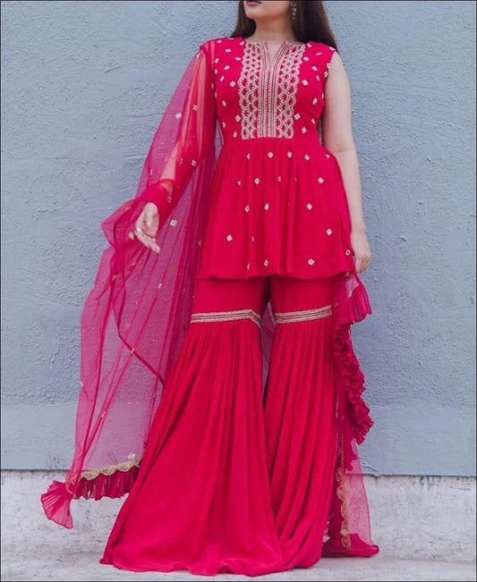 Shattering Rani Pink Color Georgette Sequence Work Sharara Salwar Suit Design